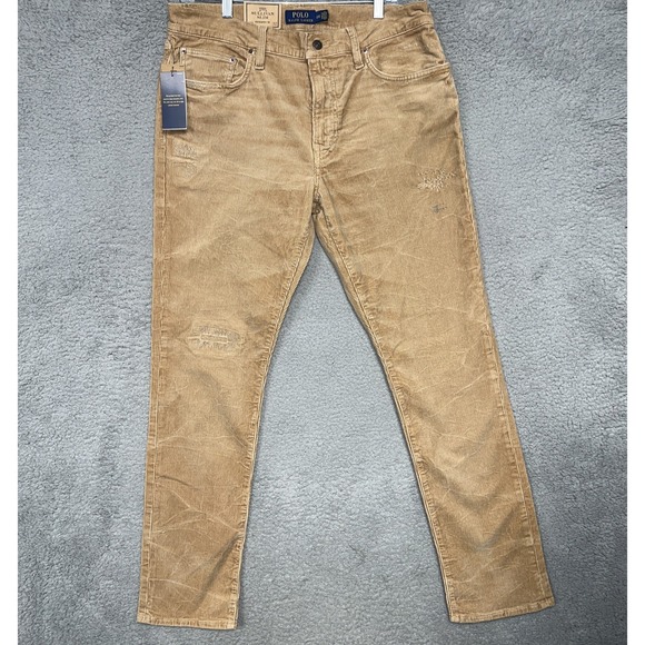 NWT Polo Ralph Lauren Sullivan Repaired Pants Men's Sz 33x32 Brown Slim Corduroy